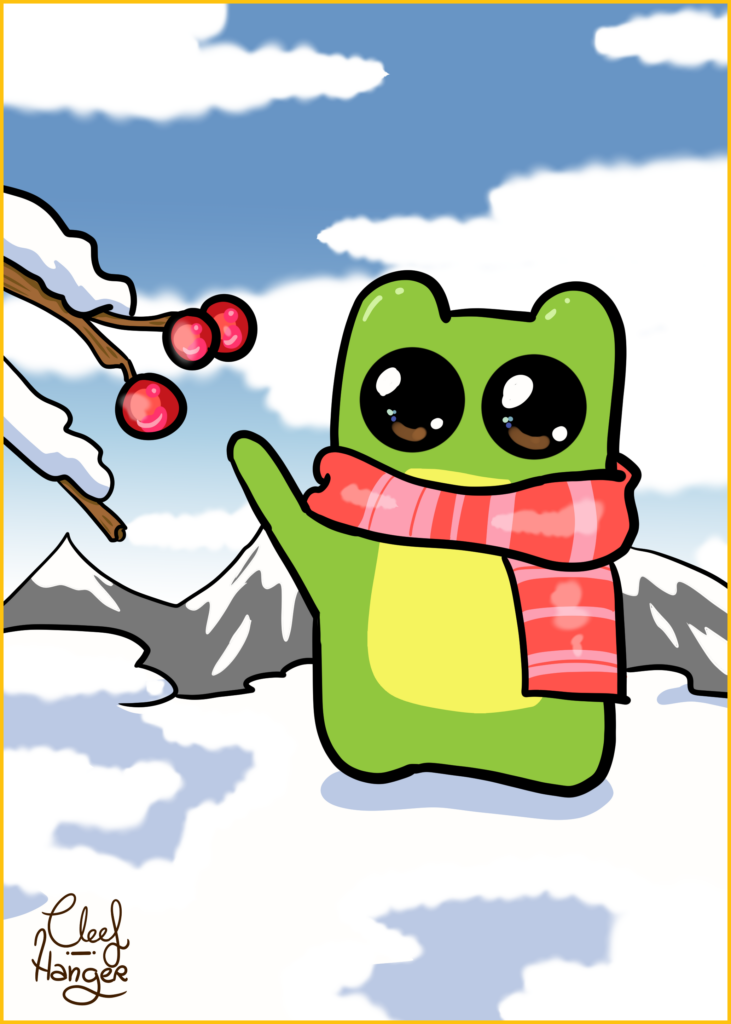 Froggelio con bufanda roja y rosa a rayas levantando el brazito para coger unas bayas rojas de una ramita nevada de un árbol. Al fondo montañas nevadas y un dia nublado.