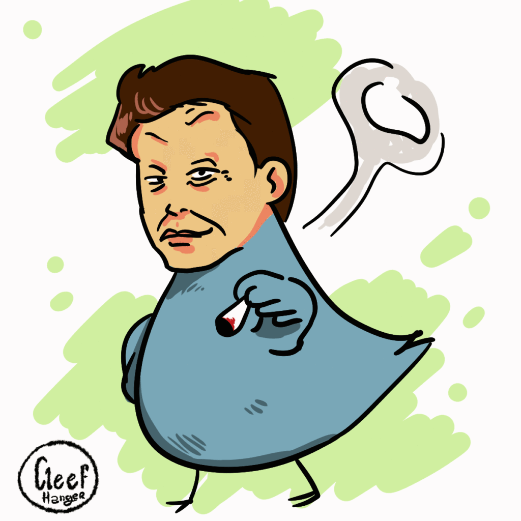 Elon musk con cuerpo de pajaro azul fumando porros