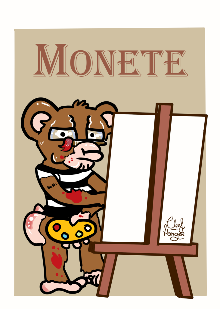 Un monito de culo pelado sonrosado, con camiseta de tirantes blancas y negras sosteniendo una paleta de colores con una mano y el pincel en los morros de monete que tiene mientras te mira para pintarte en su lienzo con caballete.