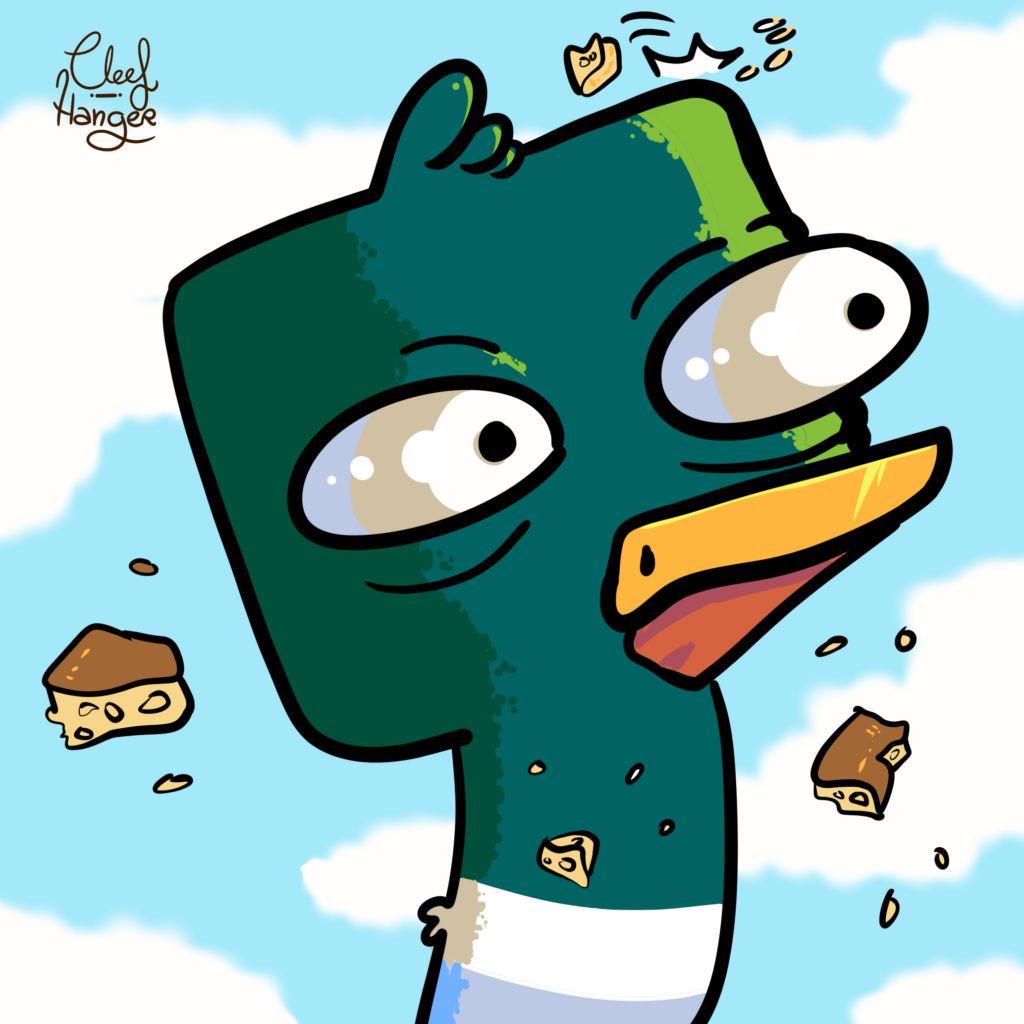 El pato Coll Verd  en primerisimo primer plano recibiendo ondonadas de migas de pan en su cara y mirando a fuera de camara con cara de "dame guisantes peazo estupido".