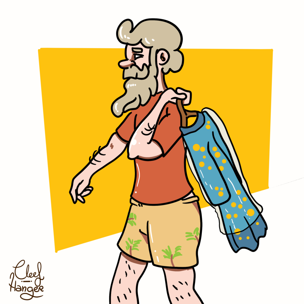 Hombre de pelo gris con prominente barba en bermudas de palmeritas y camiseta roja, a su espalda con el brazo doblado lleva una túnica azul con lunares amarillos en una percha y una bolsa de plástico. Se podría decir que es Melchor volviendo de la tintorería.