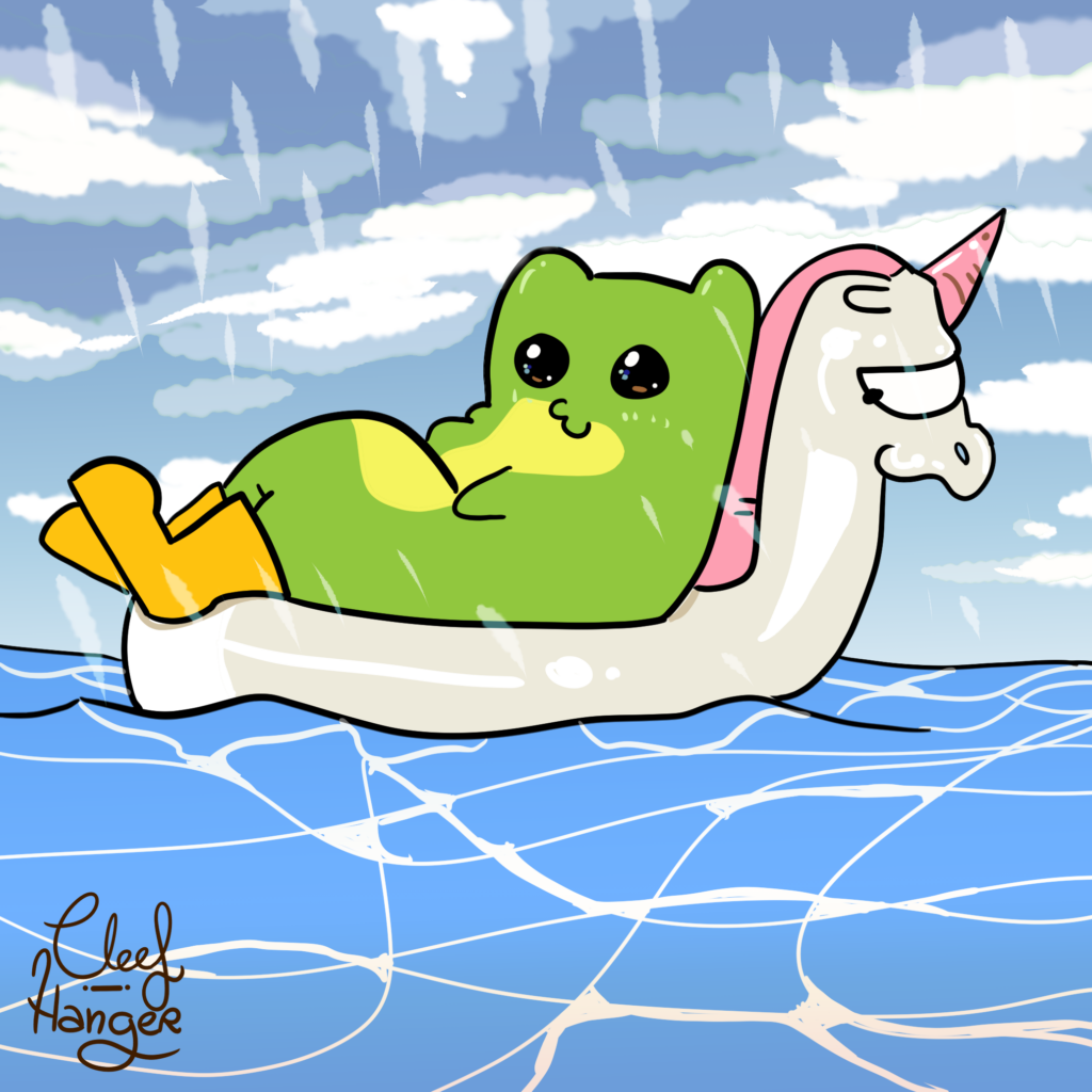 Froggelio con unas botas wellington de lluvia amarillas repehugado en un flotador con forma de unicornio blanco con cuerno rosa bajo la lluvia y sobre un montón de agua.