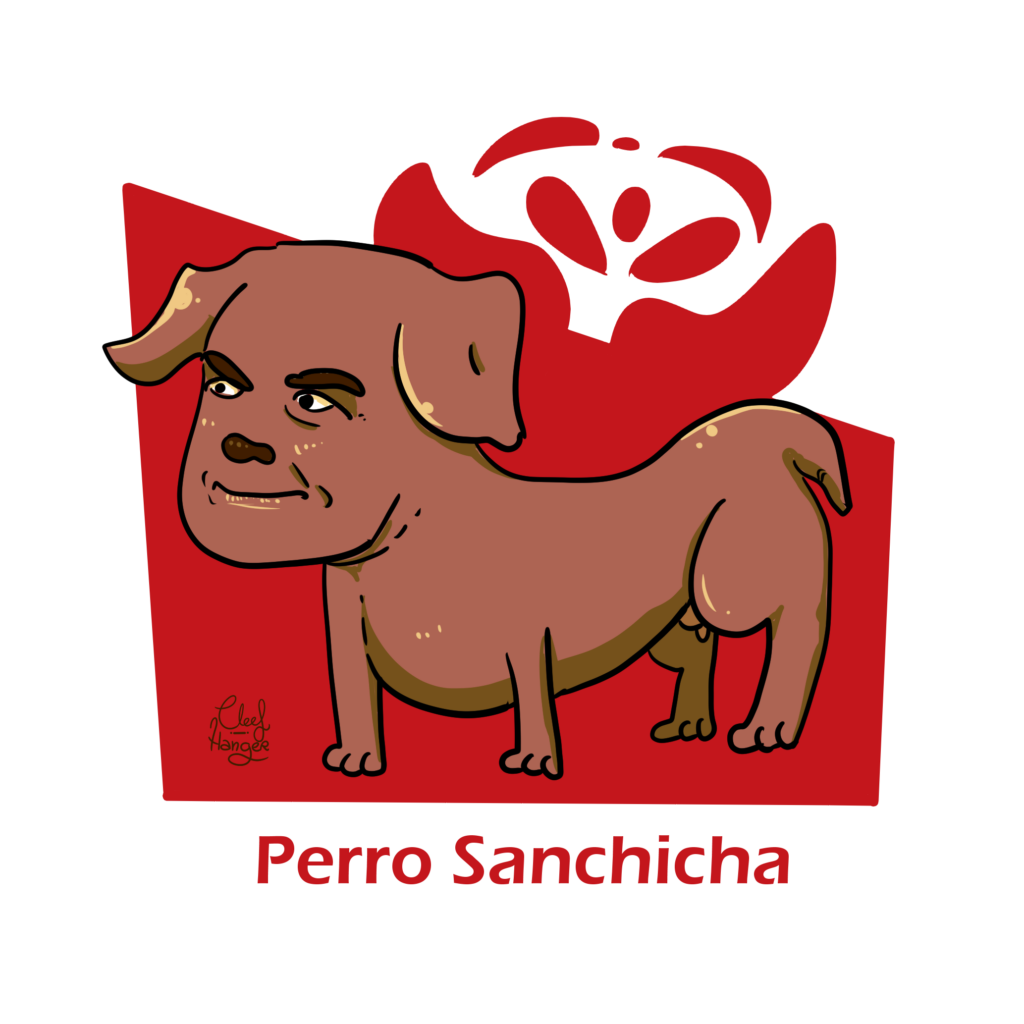 Un perro salchicha pero tiene la cara sonriente de Pedro Sanchez sobre un fondo rojo con una rosa roja y un texto que pone Perro Sanchicha.

A sausage dog with Pedro Sanchez smiling face, background red with a red rose.