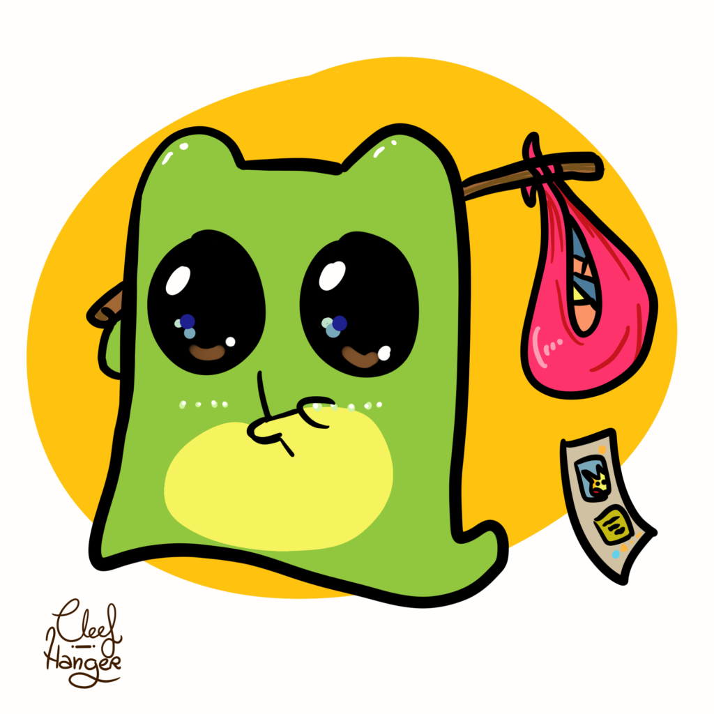 Froggelio con un atillo rosa lleno de cartas pokemon, una carta se cae del atillo. Froggelio corre poniendo morritos.