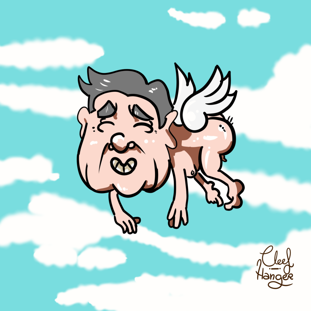 El cerdo de mazon en pelotas sonriendo con dientes sucios y volando con dis alas a lo card captor sakura