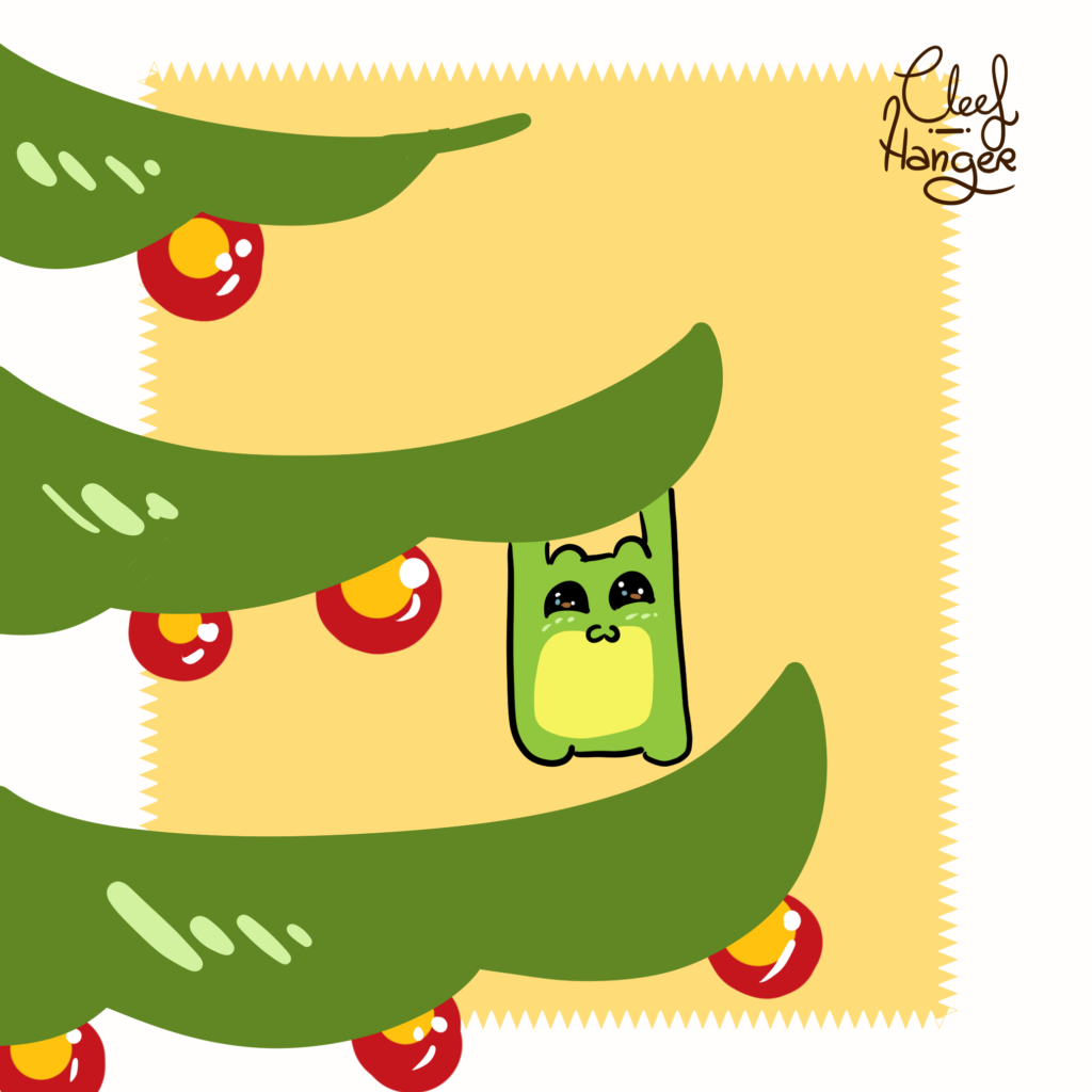 Froggelio colgando de una rama de abeto