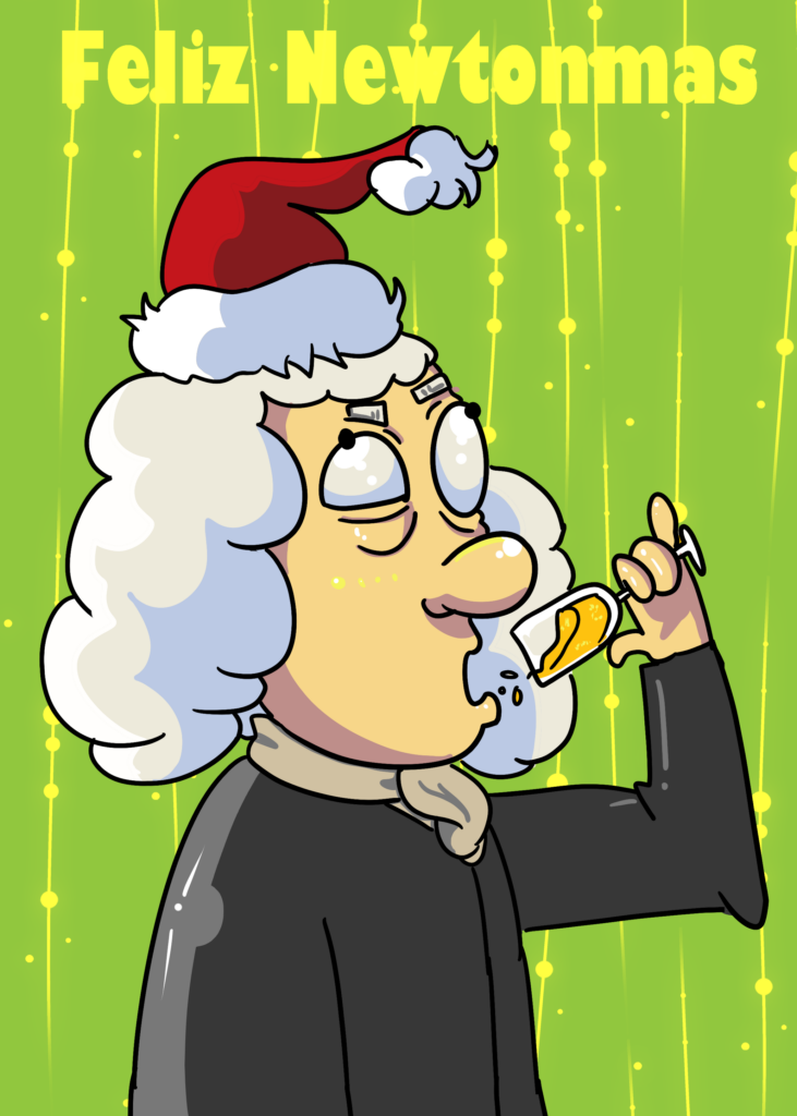 Newton con un gorro navideño bebiendo champagne