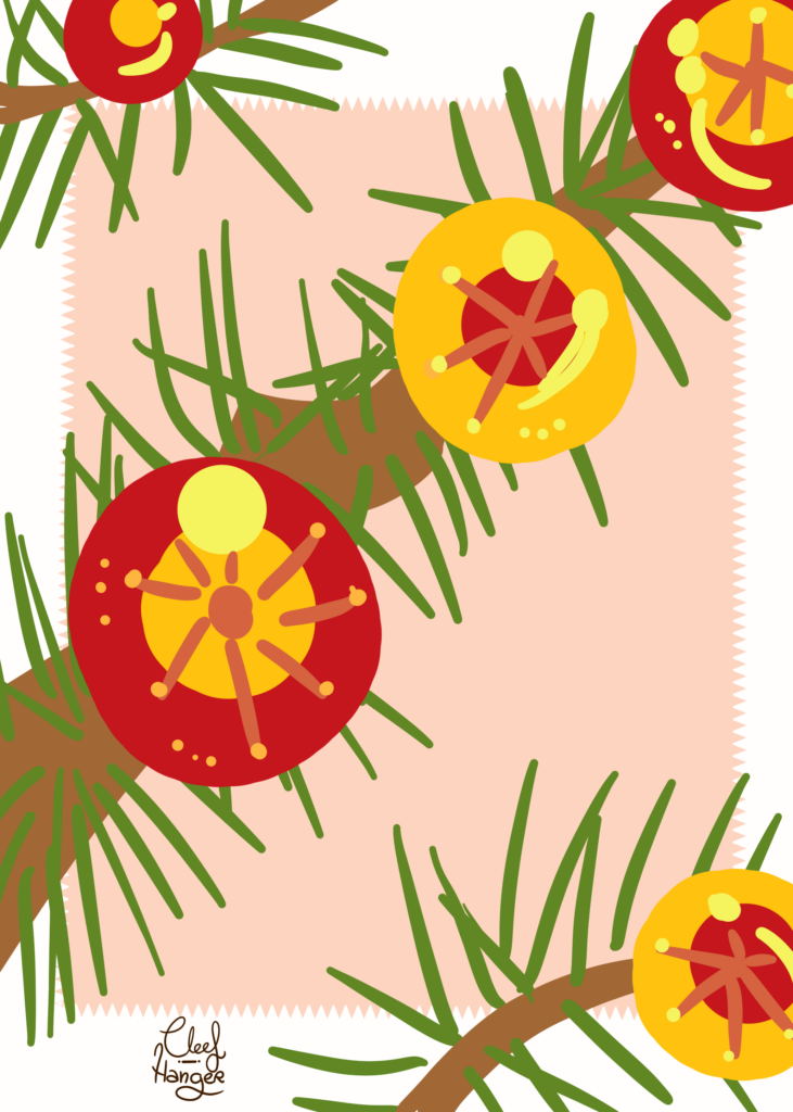 Postal de ramas de abeto con bolas