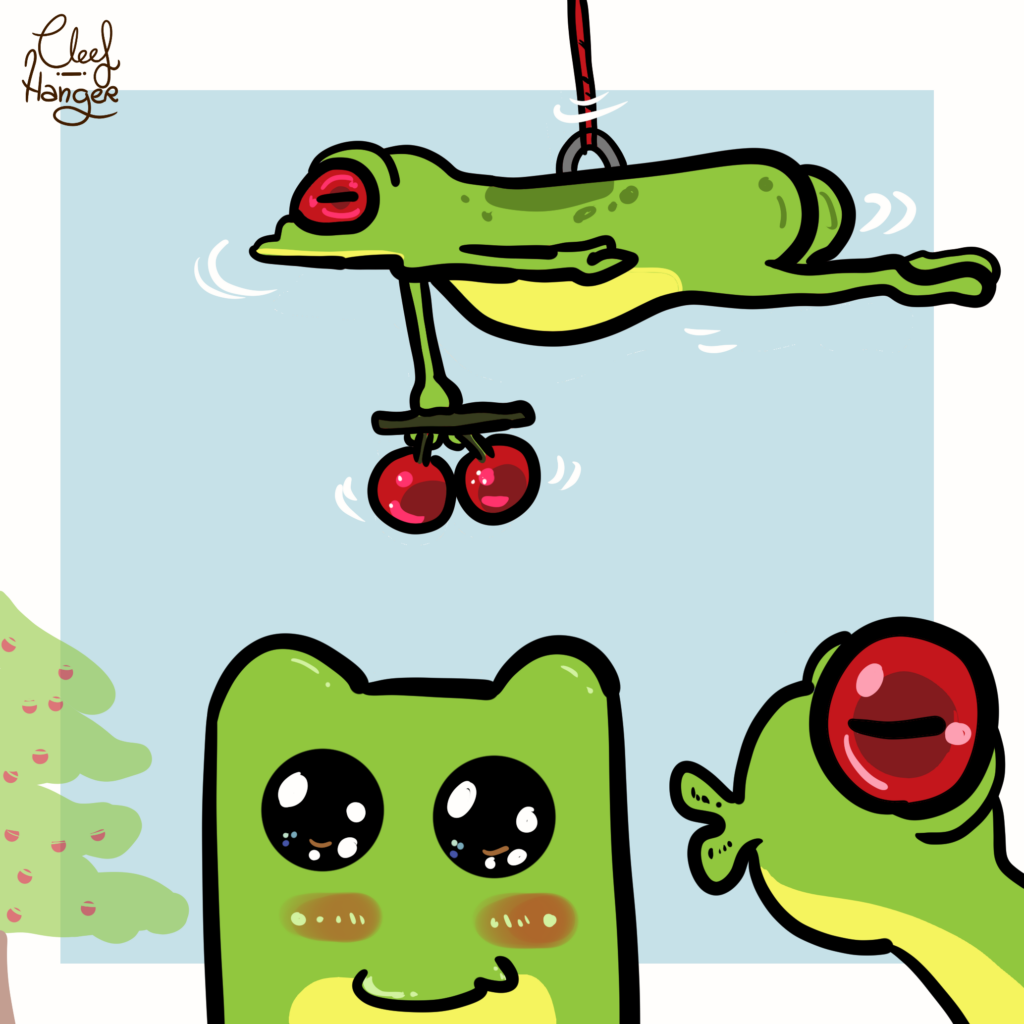 Una rana colgando de un hilo estirada en plancha y con un brazo colgando con dos bolas de acebo sobre la cabeza de Froggelio, que está feliz y inadvertido de que Frogencia va a estamparle tremendo besazo en la mejillita.